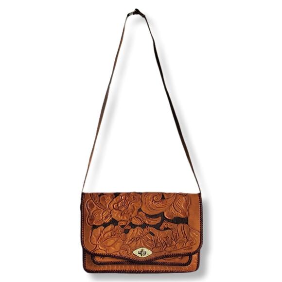 Vtg Mexican Hand Tooled Leather Bag Horses Roses Retro Boho Hippie Artsy Artisan - Picture 2 of 13